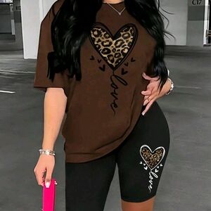 Brown and Black Heart Graphic Tee and Shorts Set